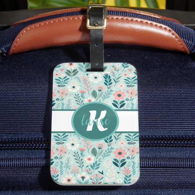 Étiquette À Bagage Joli bleu et rose pastel Fleurs d'Art folklorique (Insitu Rectoal 2)