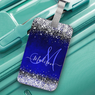 Étiquette À Bagage Joli bleu royal argent faux parties scintillant mo