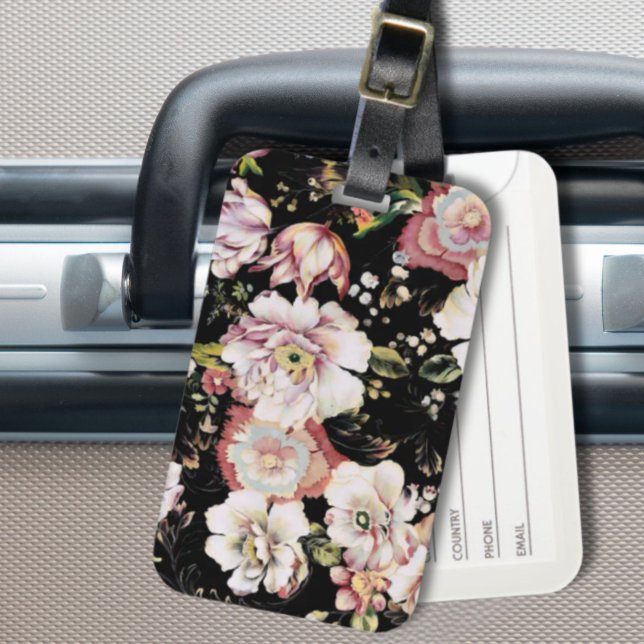 Étiquette À Bagage joli chic girly rose noir floral (pretty elegant girly chic pink black floral luggage tag)