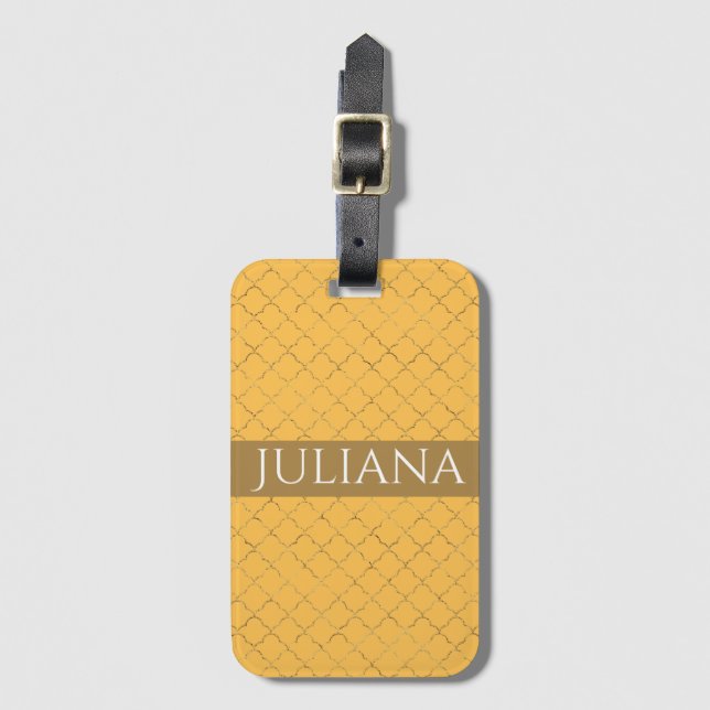 Étiquette À Bagage Joli Daffodil Gold Quatrefoil Personnalisé (Devant Vertical)