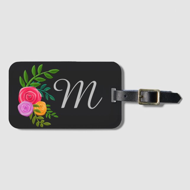 Étiquette À Bagage Joli floral sur tableau noir Monogramme (Devant Horizontal)