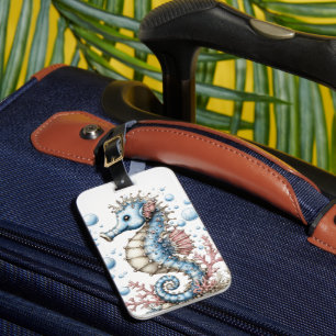 ÉTIQUETTE À BAGAGE JOLI HIPPOCAMPE BLEU ET BLANC FANTAISISTE