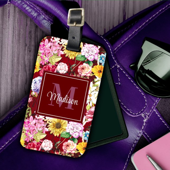 Étiquette À Bagage Joli jaune rouge élégant monogramme floral (Créateur téléchargé)