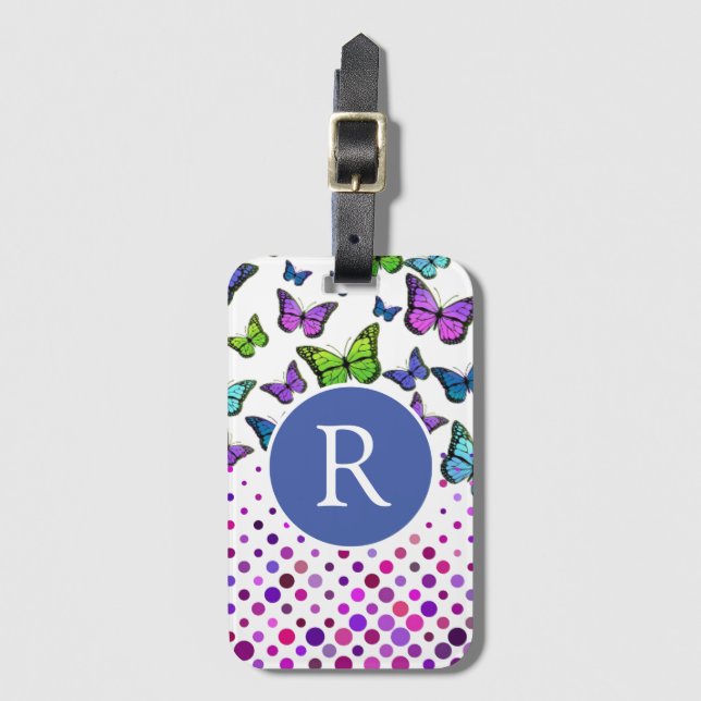 Étiquette À Bagage Joli monogramme de papillons et de points (Devant Vertical)