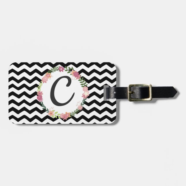 Étiquette À Bagage Joli Monogramme Floral Blanc Chevron (Devant horizontal)