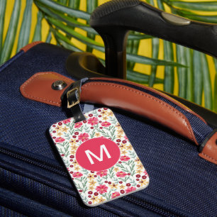 Étiquette À Bagage Joli monogramme floral vintage rose et jaune