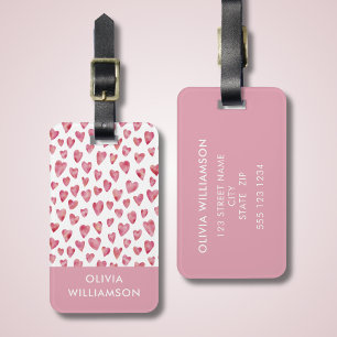 Étiquette À Bagage Joli motif de cœur d'amour aquarelle rose