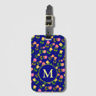 Étiquette À Bagage Joli motif de rose bleue avec monogramme