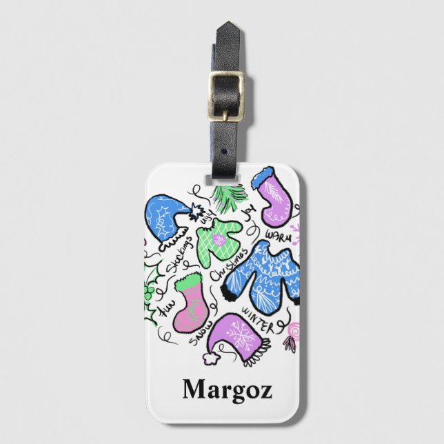Étiquette À Bagage Joli Noël Doux moche Doodles Motif (Devant Vertical)