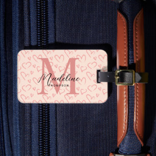 Étiquette À Bagage Joli Pastel Rose Coeur Motif Script Monogramme