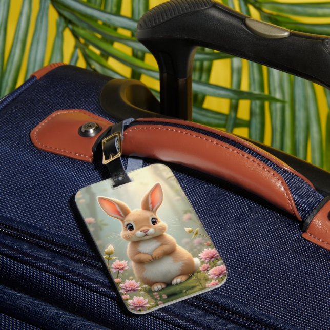 Étiquette À Bagage Joli petit lapin entouré de fleurs, enfants (Insitu Rectoal 1)