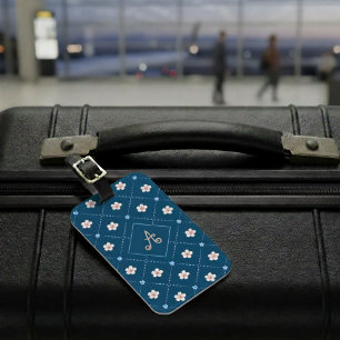 Étiquette À Bagage Joli Plat De Fleur Rose Et Bleu Sur Bleu Océanique