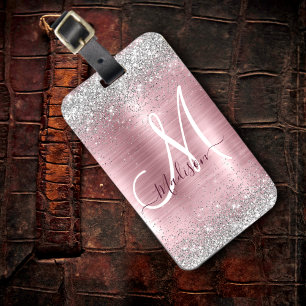 Étiquette À Bagage Joli rose blush argent faux parties scintillant mo