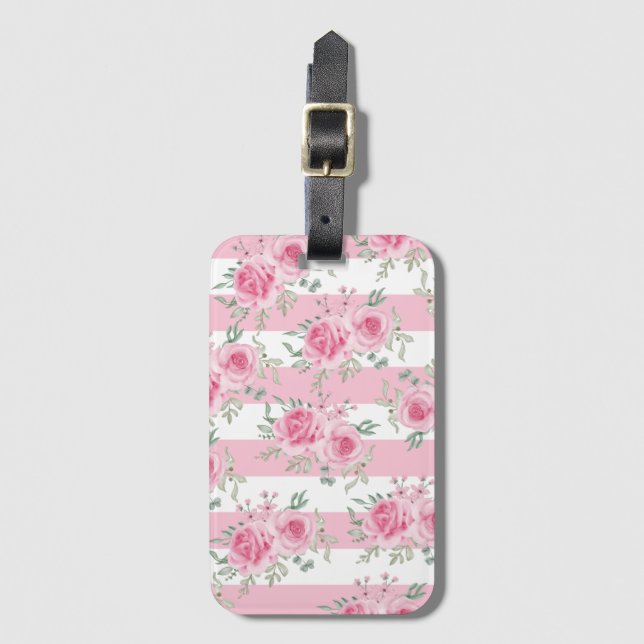 Étiquette À Bagage Joli rose Rose rose rayures roses (Devant Vertical)