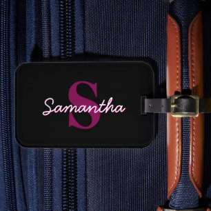 Étiquette À Bagage Joli script de monogramme rose et noir personnalis