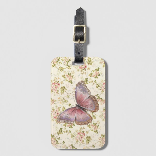 Étiquette À Bagage Joli Shabby Chic Papillon rose sur Floral (Devant Vertical)