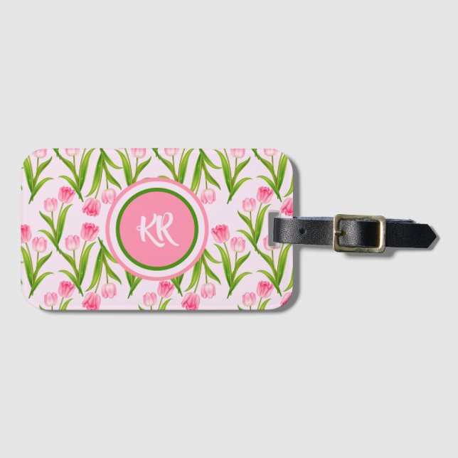 Étiquette À Bagage Joli Tulipe rose Fleurs Florales Feuille Monogramm (Devant Horizontal)