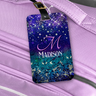 Étiquette À Bagage Joli violet turquoise ombre parties scintillant mo