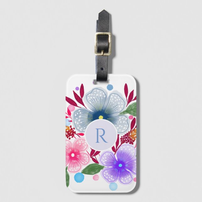 Étiquette À Bagage Jolie aquarelle Bouquet floral Monogramme (Devant Vertical)