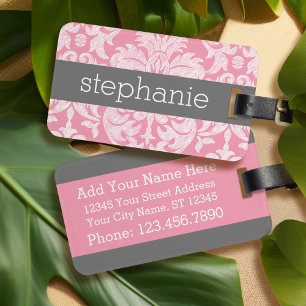 Étiquette À Bagage Jolie dentelle Damask motif rose gris