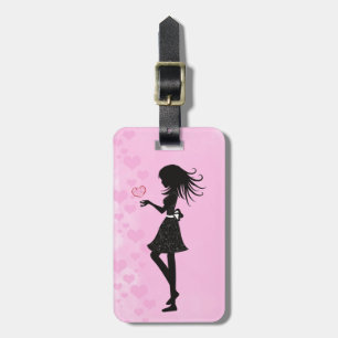 Étiquette À Bagage Jolie fille Silhouette avec Coeurs rose et noir