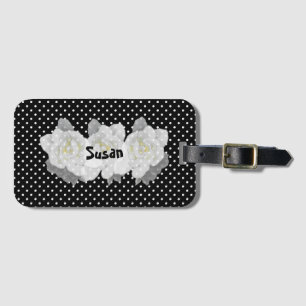 Étiquette À Bagage Jolie Gardenia blanche Fleurs sur noir et blanc