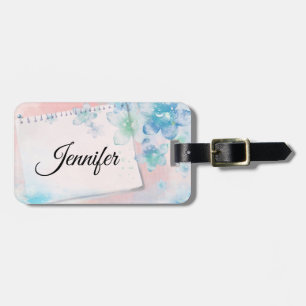 Étiquette À Bagage Jolies fleurs bleues sur Arrière - plan rose