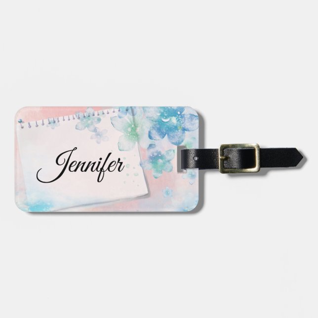 Étiquette À Bagage Jolies fleurs bleues sur Arrière - plan rose (Devant horizontal)