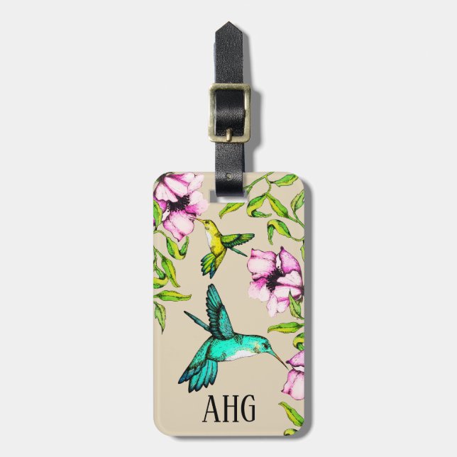Étiquette À Bagage Jolis colibris d'aquarelle et fleurs pourpres (Devant Vertical)
