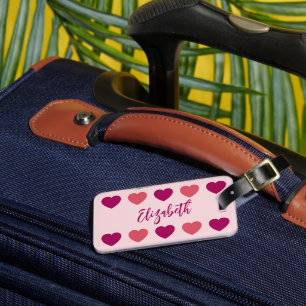 Étiquette À Bagage Jolis Tons de Coeurs Roses Script Nom Cursif