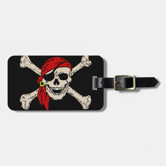 Étiquette À Bagage Jolly roger Pirate Os crâne Rouge Bandanna (Devant horizontal)