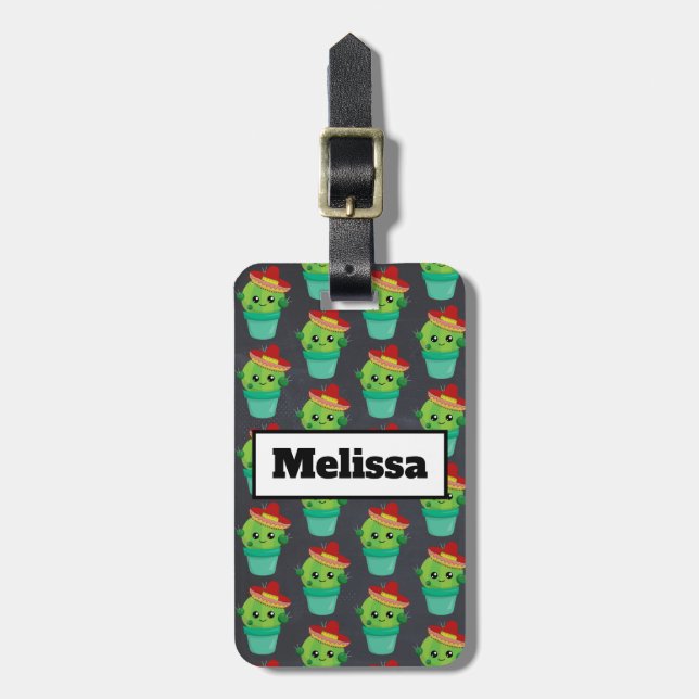 Étiquette À Bagage Joyeux cactus vert dans un Motif du Sombrero rouge (Devant Vertical)