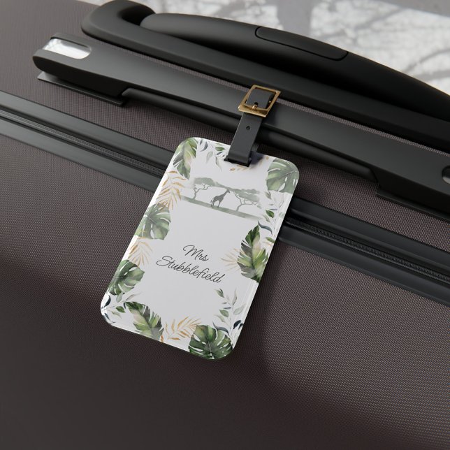 Étiquette À Bagage Jungle Safari Girafe Feuilles de Palmier Verdure (Palm Leaves Watercolor Giraffe Bride Honeymoon Luggage Tag)
