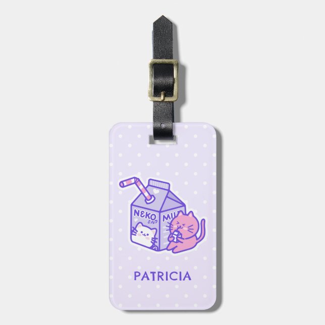 Étiquette À Bagage Kawaii Cute Cat avec caricature de boîte de lait (Devant Vertical)
