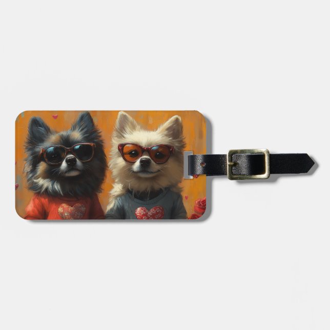 Étiquette À Bagage Keeshond avec Roses de coeur Saint Valentin (Devant horizontal)