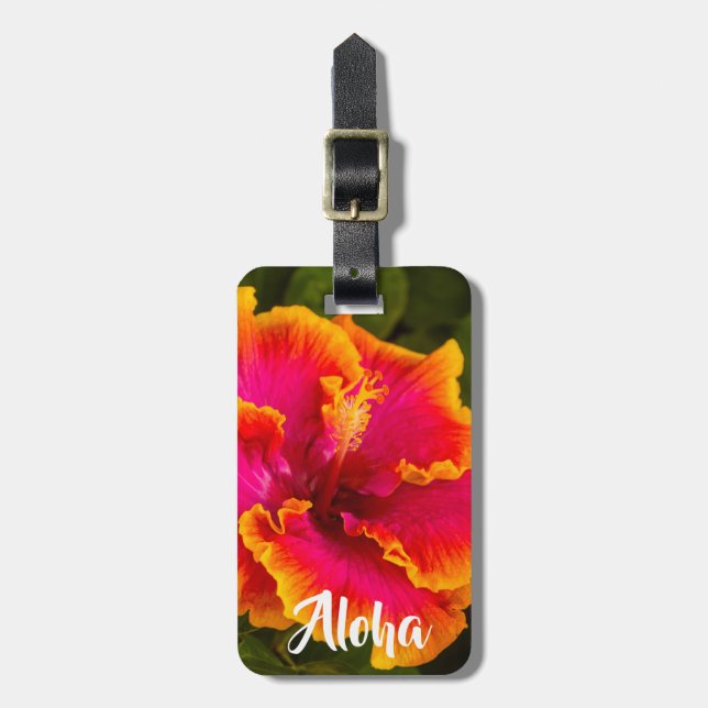Étiquette À Bagage Ketmie fuchsia et orange hawaïenne Kauai - Aloha (Devant Vertical)