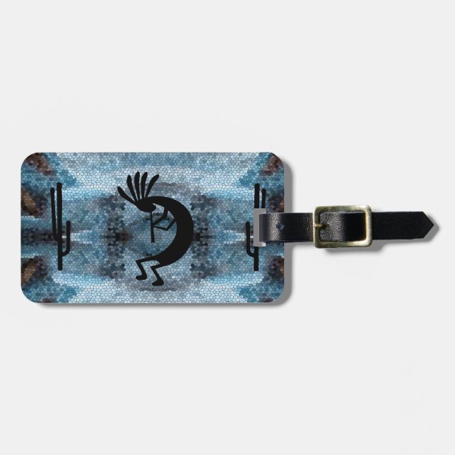 Étiquette À Bagage Kokopelli Desert Mosaic Blue (Devant horizontal)