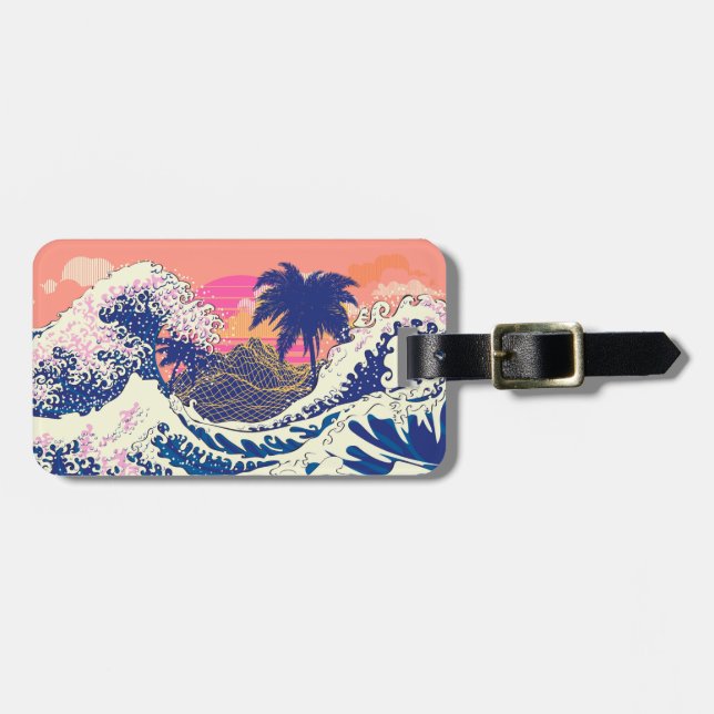 Étiquette À Bagage La grande vague des kanagawa et des palmiers (Devant horizontal)