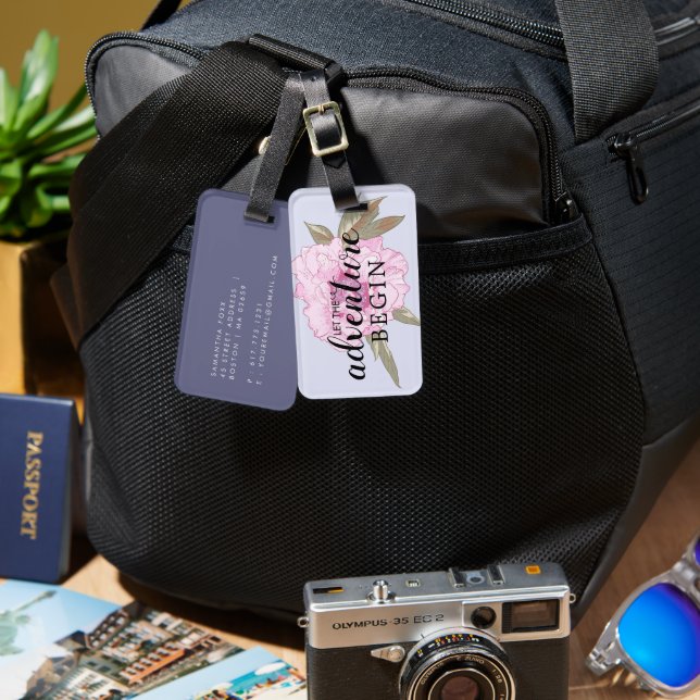 Étiquette À Bagage Laisser L'Aventure Commencer Fleur Violet (Recto & Verso)