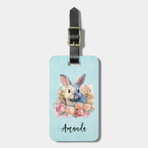 Étiquette À Bagage Lapin avec une guirlande de roses Mignon