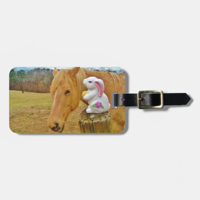 Étiquette À Bagage Lapin blanc et cheval jaune blond (Devant horizontal)