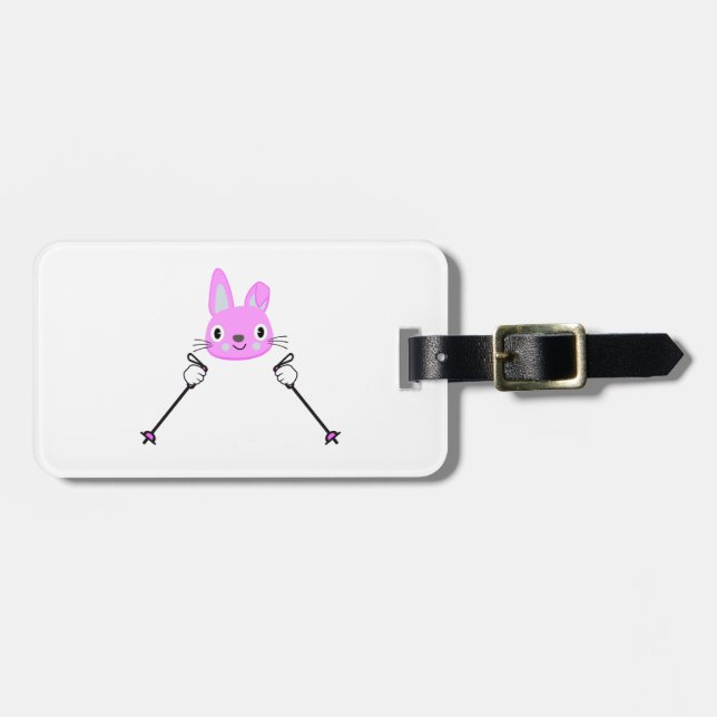Étiquette À Bagage Lapin de ski avec bâtons de ski (Devant horizontal)