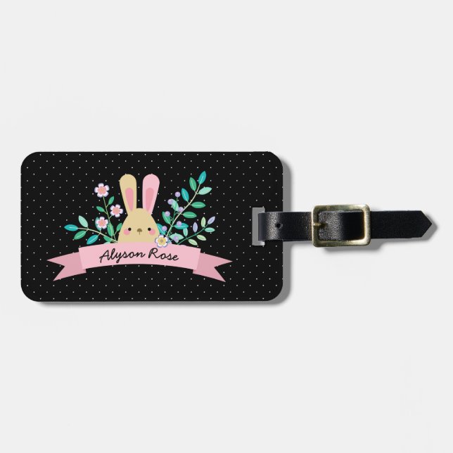 Étiquette À Bagage Lapin Floral | Rose et noir | Nom personnalisé (Devant horizontal)