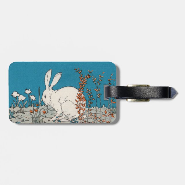 Étiquette À Bagage Lapin Fluffy Blanc assis dans de jolies fleurs Ble (Dos horizontal)