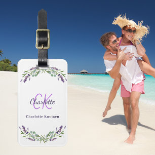 Étiquette À Bagage Lavande violette fleurs monogramme nom blanc
