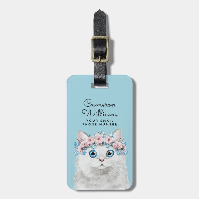 Étiquette À Bagage Le chat floral blanc doux | ajoutent votre nom (Devant Vertical)