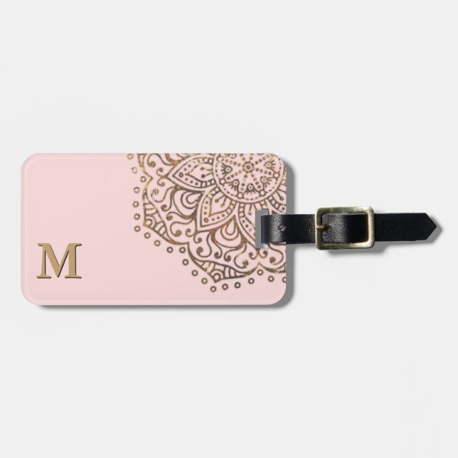 Étiquette À Bagage Le monogramme | de mandala d'or chic rougissent (Devant horizontal)