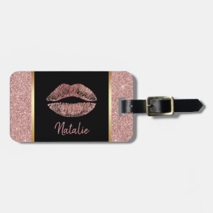 Étiquette À Bagage Les lèvres dorées Roses avec nom Parties scintilla