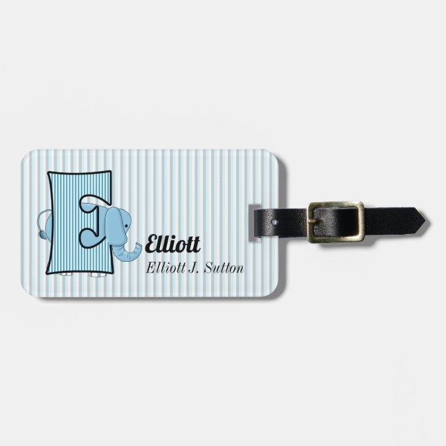 Étiquette À Bagage Lettre E pour éléphant en bleu pour les garçons (Devant horizontal)