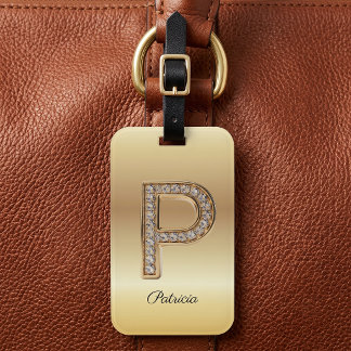 Étiquette À Bagage Lettre initiale P monogramme diamant Glam Gold